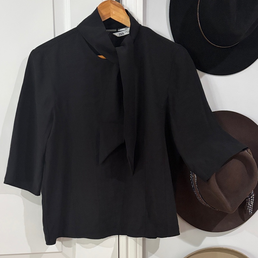 Zara Structured Black Blouse with Neck Tie Neck, Super Soft